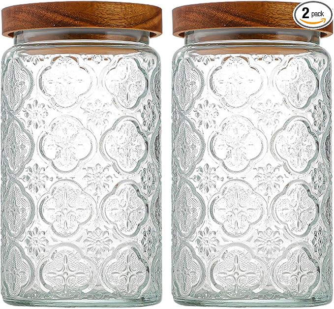 35oz/1000ml Glass Storage Jars with Nature Wood Lids, Airtight Food Storage Containers for Kitchen Organization, Large Capacity for Cookie, Pasta, Sugar, Flour, Cereal - Set of 2