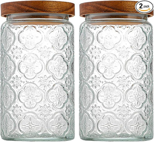 35oz/1000ml Glass Storage Jars with Nature Wood Lids, Airtight Food Storage Containers for Kitchen Organization, Large Capacity for Cookie, Pasta, Sugar, Flour, Cereal - Set of 2