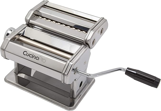 Pasta Maker Machine- Heavy Duty Chrome Coated Steel Construction with Fettucine & Spaghetti Attachments, Rollers w Adjustable Thickness Settings, Manual Hand Crank, Includes Recipe Guide, Xmas Gift