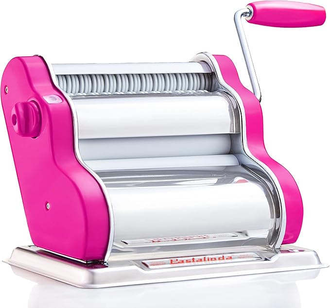 PASTALINDAClassic 200 Pasta Maker Machine, 20 cm Wide Rollers, 9 Thickness Positions, 2 Cutting Positions, Stainless Steel. Includes Reinforced Hand Crank And Two Clamps (Fuchsia)
