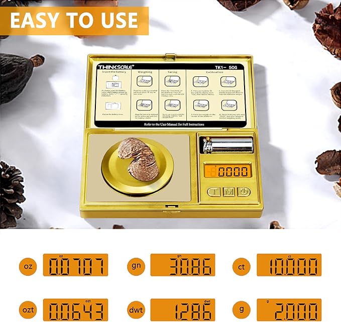 THINKSCALE 50g/0.001g Digital Milligram Scale, Gold Mg Scale with 50g Calibration Weight, Powder Scale for Reloading, Micro Gram Scale, Miligram Scale for Powder Medicine