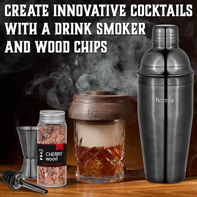 Bartender Kit with Whiskey Smoker - 13 pcs, Bamboo Stand - Bar Set with Cocktail Shaker, Bartending Kit with Essential Bar Accessory Tools, Wood Chips, Black