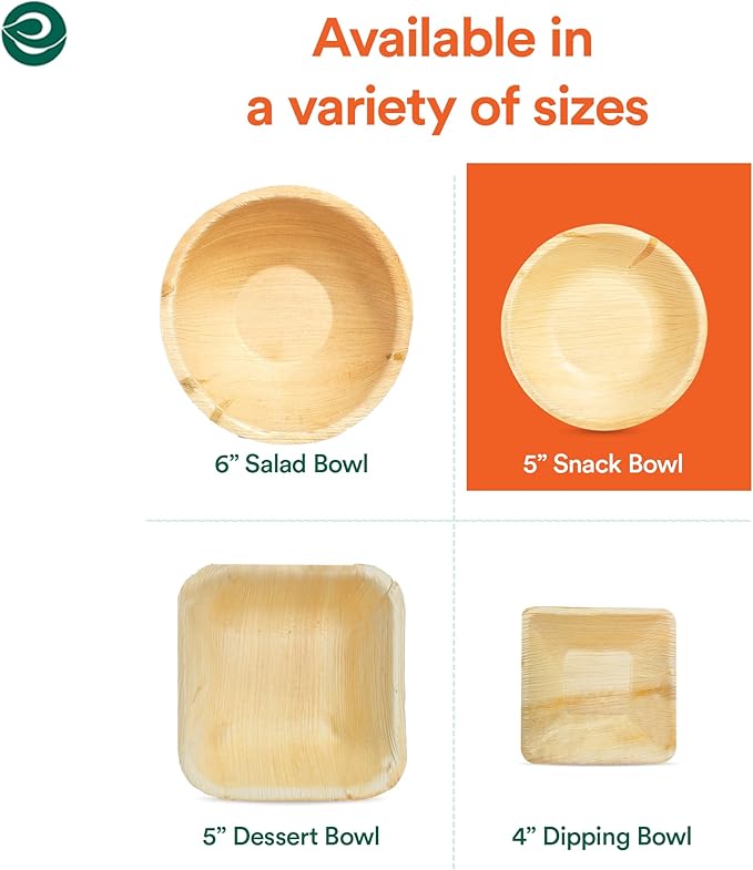 ECO SOUL Palm Leaf Bowl 100 pc, Small 5" (8 Oz) | Round Like Bamboo Bowls, Compostable, Biodegradable, Disposable Palm Leaf Bowls Eco-friendly | Sturdy, Microwave & Oven Safe