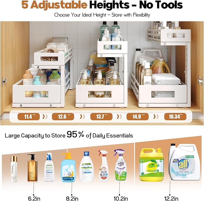 2-Pack 17"Deep Under Sink Organizer And Storage, 2-Tier L-Shaped Pull Out Cabinet Organizer with Upgraded Slide Rails, Height Adjustable Drawers for Kitchen&Bathroom, Extra-Large Storage Shelves–Gray