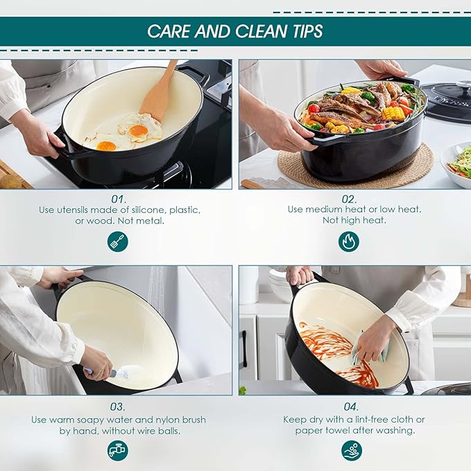 vancasso Enameled Cast Iron Oval Dutch Oven, 9.3 Quart with Non-Stick Enamel Coating for Bread Baking, Black Double Handle Pot with Lid