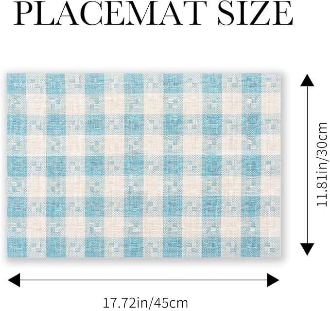 BACKTOEDEN Placemats Set of 12 Heat Resistant Washable Wipeable Placemat Woven Non-Slip Foldable Vinyl/Plastic Place Mats Indoor/Outdoor Mat Kitchen Dining Table Pad, Blue Checkered