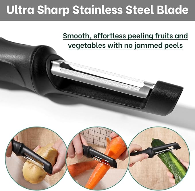 Beneno Swivel Vegetable Peeler, Razor-Sharp Smooth Peeling Potato Peelers with Stainless Steel Blades, Ergonomic Comfort Non-Slip Rubber Handle, Durable Kitchen Peelers with Potato Eye Remover, Black