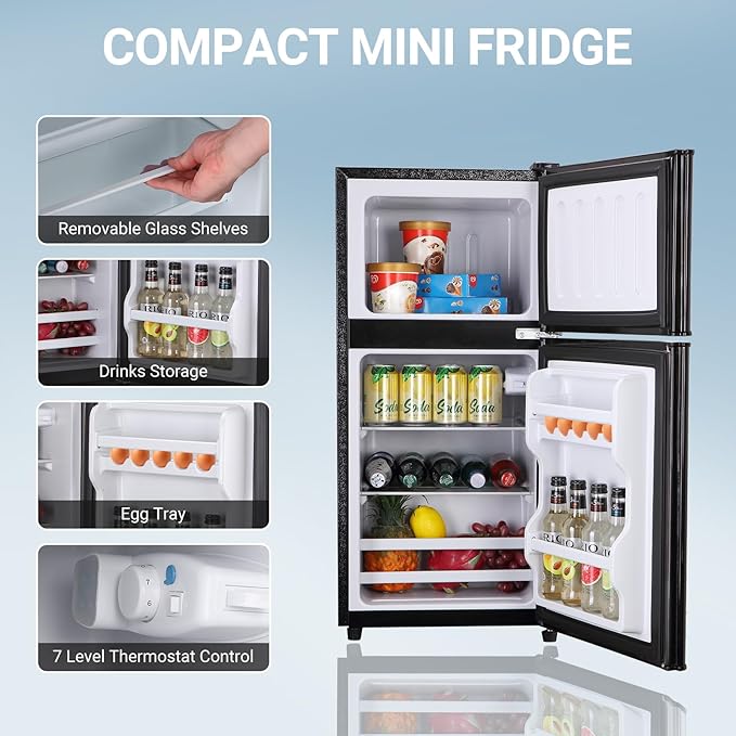 Dorm Fridge with Freezer, Small Refrigerator 3.6 Cu. Ft. with Freezer for Apartment, Temperature Adjustable Apartment Size Fridge for Kichen, College, RV, Office, Black