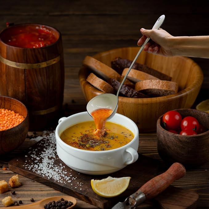 White Soup Ladle Spoons 13.7 Inch Big Serving Cooking Spoons Enamel Steel Stew Gravy Ladles for Serving