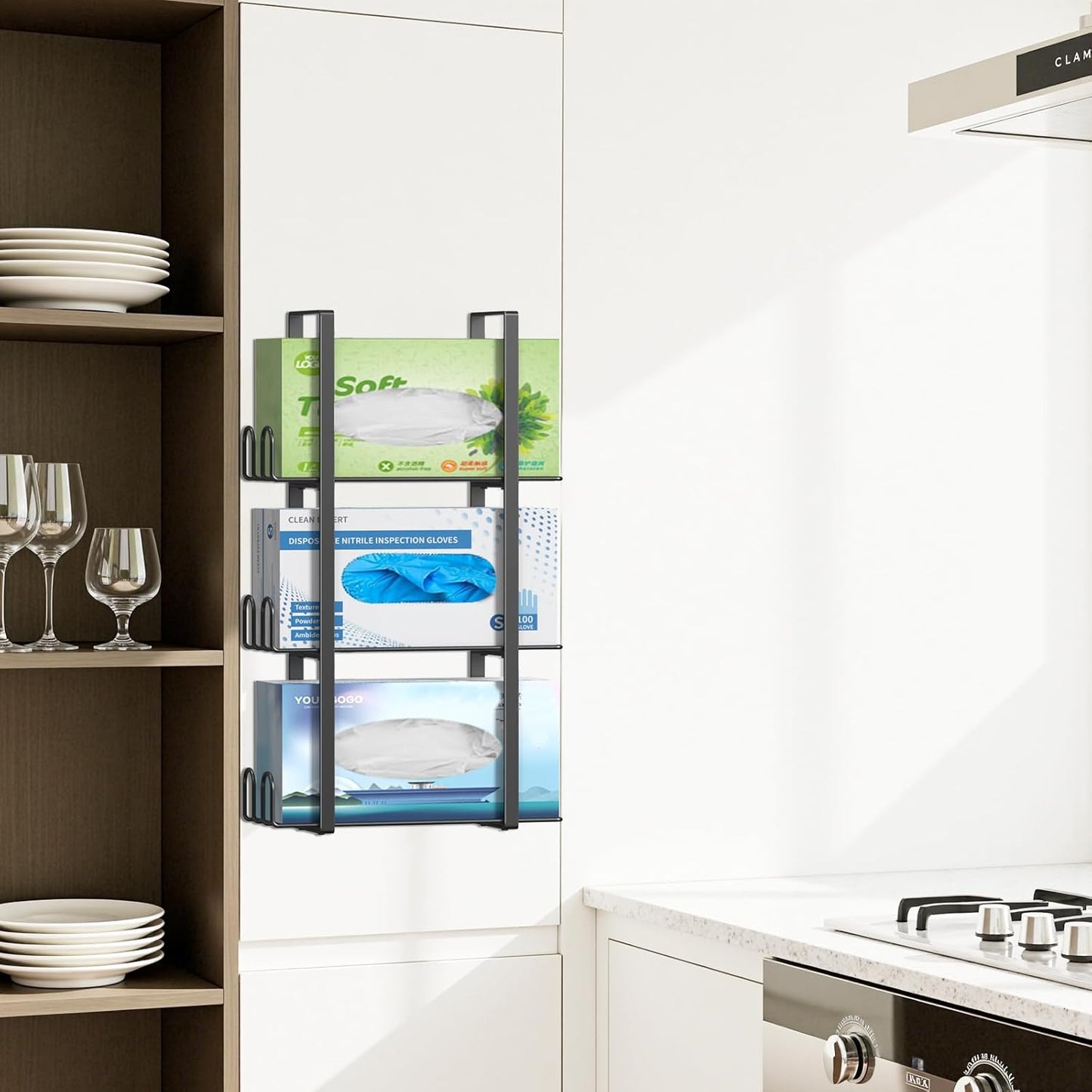 Glove Holder Dispenser for Wall Mount, Black Metal Disposable Latex Gloves Holder for Lab, Wall-Mounted Triple Rubber Box Holder, Tissue Rack for Kitchen and Garage