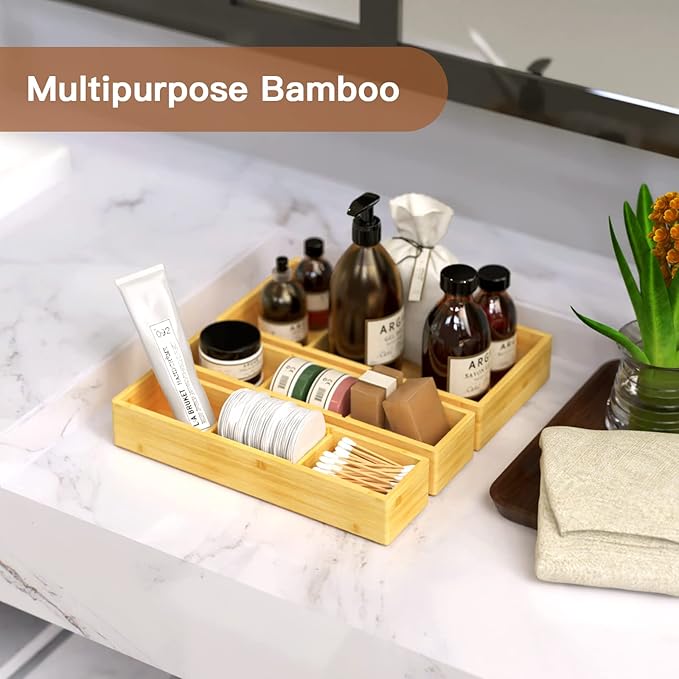 Bamboo Drawer Organizer 12.5'' X 12.5'' X 2'', Adjustable 3 Individual Junk Drawer organizer for Bathroom and Kitchen, Wood Drawer Tea Organier Boxes for Silverware, Make up and Tea Bag