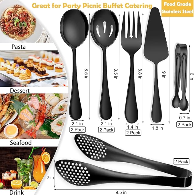 11 PCS Serving Utensils, Large Stainless Steel Spoons Forks Tongs, Pie Server, Great for Hostess Buffet Catering Banquet Party, Black