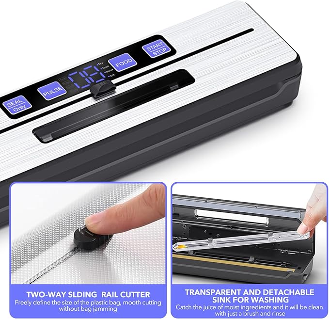 Food Saver Vacuum Sealer Machine + 30 Vacuum Bags, 7-in-1 Multi-Functional Vacuum Sealer, Food Sealer for Freshness Storage, with Dry & Moist Food Modes, Double Heat Seal, Built-in Cutter, Silver