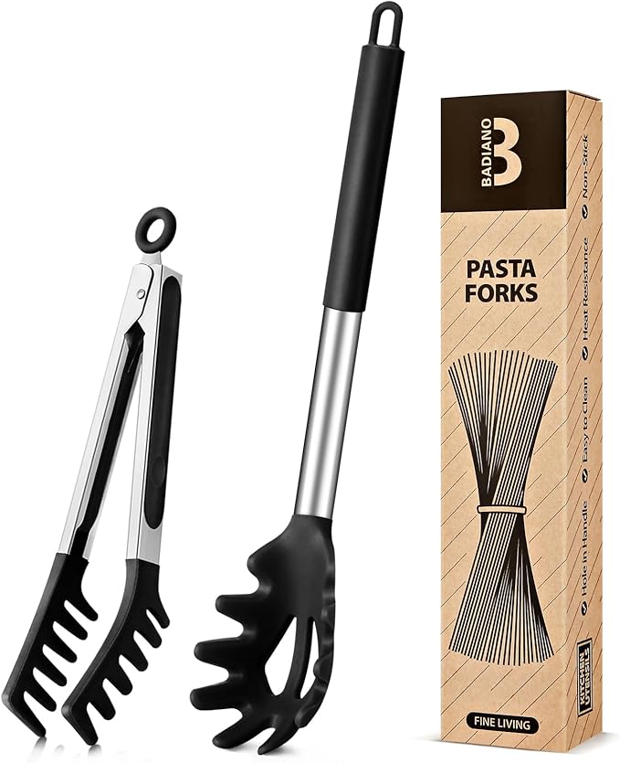 Silicone Spaghetti Spoon & Pasta Tong, Non-Stick Stainless Steel Handle Pasta Fork Set with Teeth, Food Clip for Easy Serving of Noodles (Black)