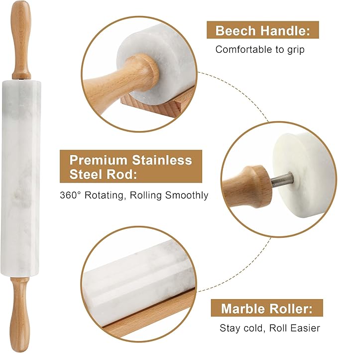 Koville African Natural Marble Rolling Pin, Non-Stick Polished Dough Roller, Pasta, Dumpling, Fondant, Pie Crust, Bread, Pizza Dough, Kitchen Baking Pastry Tools with Mat/Scraper（Namib Fantasy）
