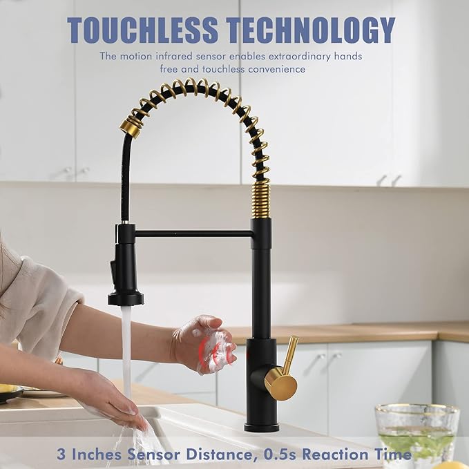 GIMILI Black and Gold Touchless Kitchen Faucet with Pull Down Sprayer, Motion Sensor Smart Hands-Free Activated Single Hole Spring Faucet for Kitchen Sink, Matte Black&Brushed Gold