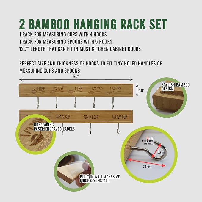 Premium Culinary Precision Bundle: Includes Two 100% Natural Bamboo Hanging Rack Organizer and 9-pc Stainless Steel Measuring Cups and Spoons Set