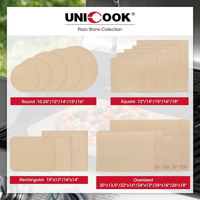 Unicook 16" x 16" Square Pizza Stone for Grill and Oven, Large Cordierite Bread Baking Stone for Crispy Crust Pizzas, Bread and Cookies, Includes Dough Scraper