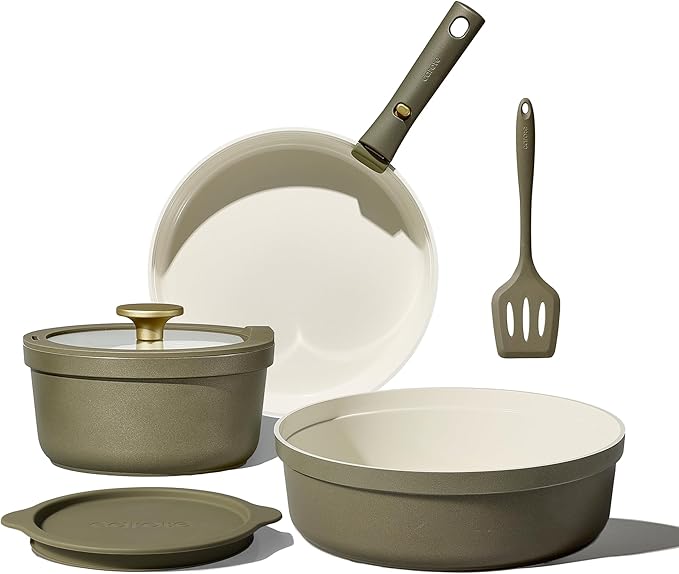 Carote 9pcs Ceramic Cookware Set with Detachable Handles, Pots and Pans Set Non Stick, RV Kitchen Cooking Pot and Pan, Dishwasher Safe, Non-toxic Induction Cookware PFAS and PFOA Free, Green