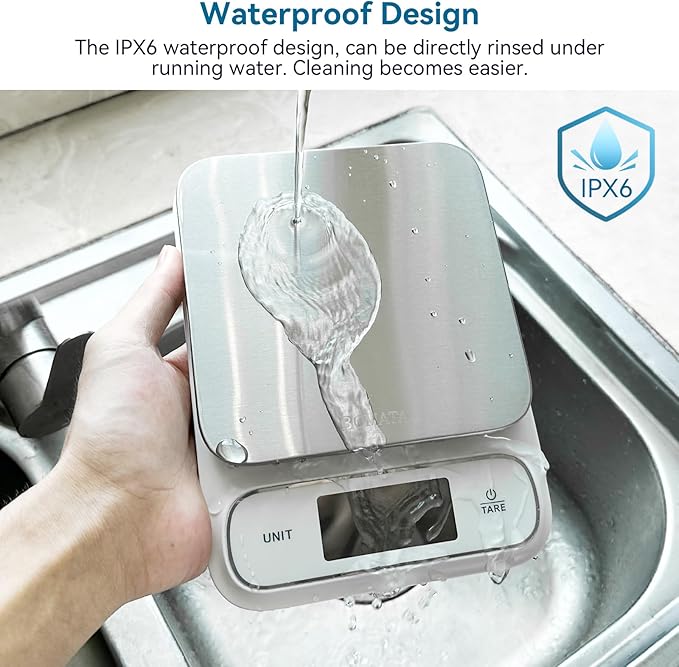 BOMATA Waterproof IPX6 Kitchen Scale, 0.1 g/0.01 oz High Precision, 5 kg/11 lbs, Digital Scale with Backlight, Stainless Steel Weighing Platform, for Food, Cooking, Baking, Weight Loss.. B619, White