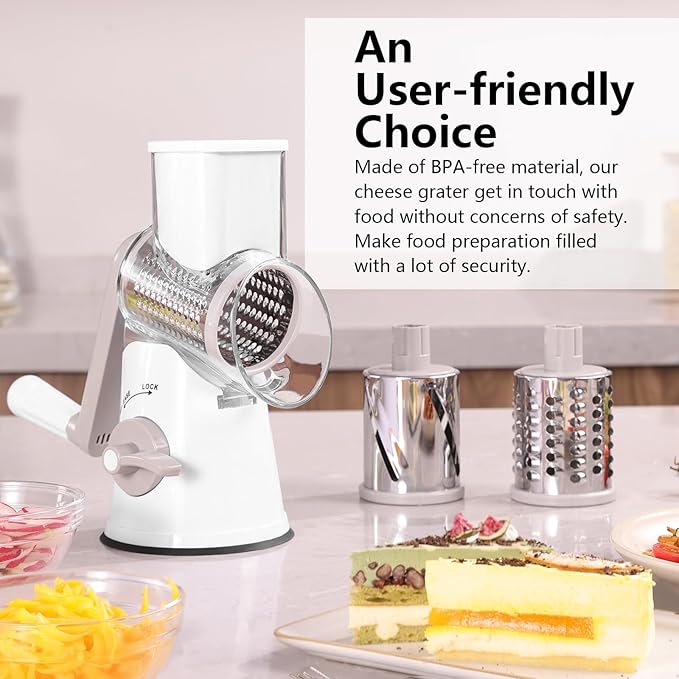Rotary Cheese Grater, 3 in 1 Cheese Shredder Grater Rotary with Handle, Vegetable Mandoline Slicer Shredder for Vegetable, Cheese, Nut