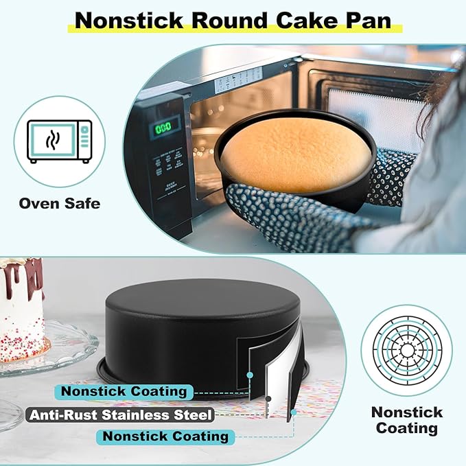 LIANYU 6 Inch Cake Baking Pans Set of 4, Stainless Steel Round Cake Bake Pan Non Stick, Fit in Pot Pressure Cooker Air Fryer, Healthy & Toxic Free, Leak-proof & Dishwasher Safe, Black