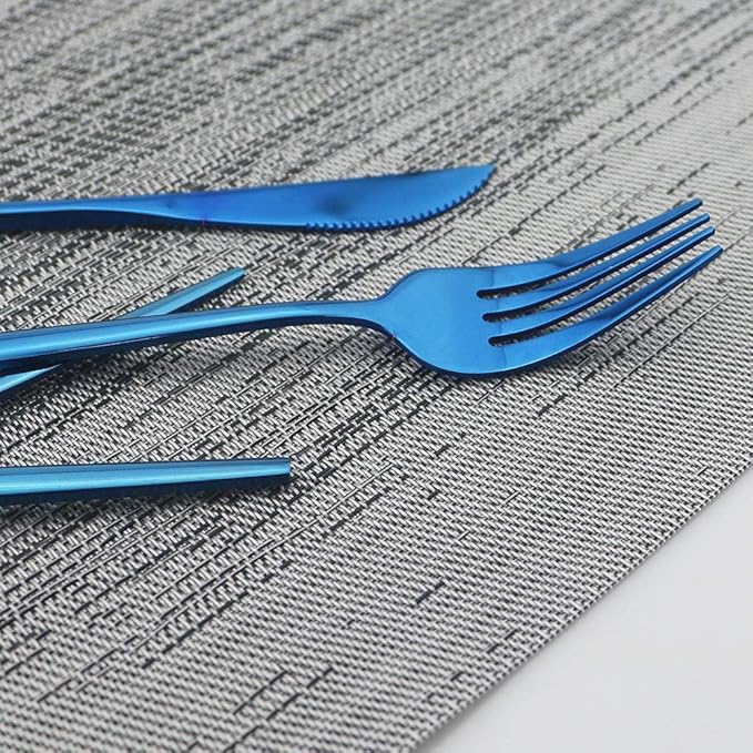 JASHII 24 Pieces Cutlery Flatware Set 304 Stainless Steel Home Kitchen Set, Mirror Polished, Knife/Fork/Spoon, Modern Elegant Tableware Set for Party, Christmas, Dinner (Blue)