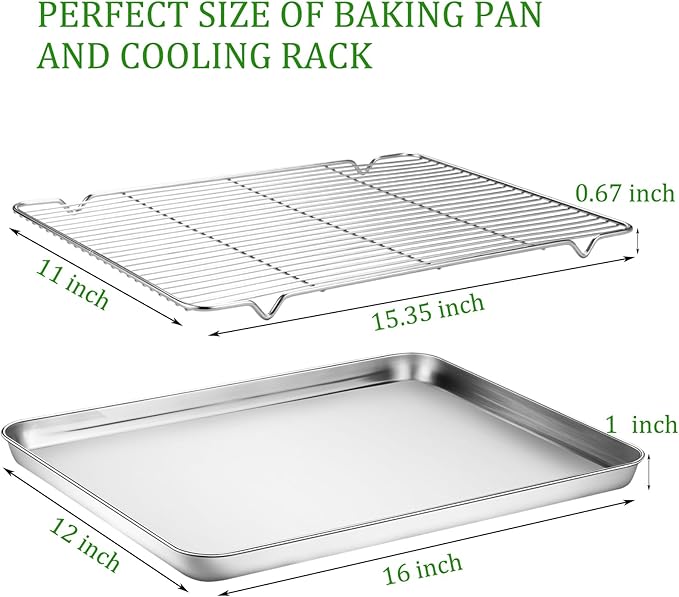 Baking Sheet with Cooling Rack Set (2 Pans + 2 Racks), Yododo Stainless Steel Baking Pan Cookie Sheet Cookie Pan with Rack, Size 16 x 12 x 1 Inch, Mirror Finish & Non Toxic & Heavy Duty & Easy Clean