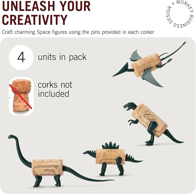 Monkey Business Corkers Wine Accessories - Set of 4 Collectible Dinosaur Designs, Crafting Parts for Corks - Gifts for Wine Drinkers and Enthusiasts