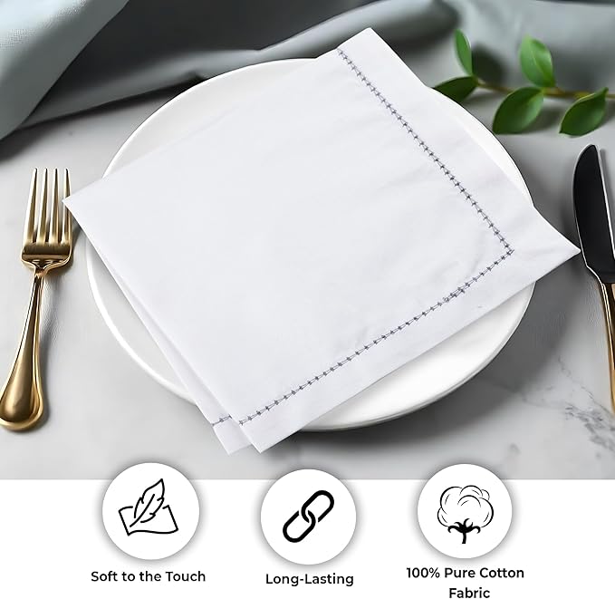 Urban Villa Easter Cloth Napkins Hemstitch White Grey 100% Cotton Absorbent Dinner Napkins (Set of 6) 20x20 Inches Soft Durable Washable Reusable Ideal for Everyday Use Wedding Parties Cloth Napkins
