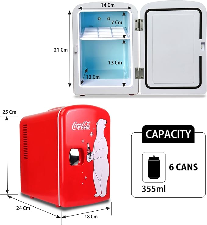 Coca Cola Polar Mini Fridge - Refrigerator for Bedroom Office, Portable Table Top Beverage Cooler, 12V 110V Refrigerador For Drinks, Soda, Wine, Use In Car, Dorm, Patio, 6 Can