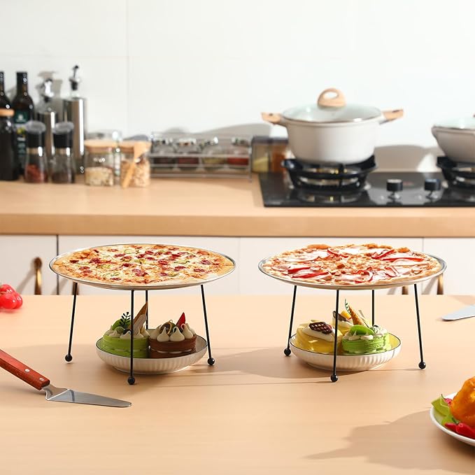12 Pcs Pizza Stand Set: 4 Metal Stands, 4 Pizza Pans, 4 Spatulas for Weddings, Party(Silver,Round with Legs)
