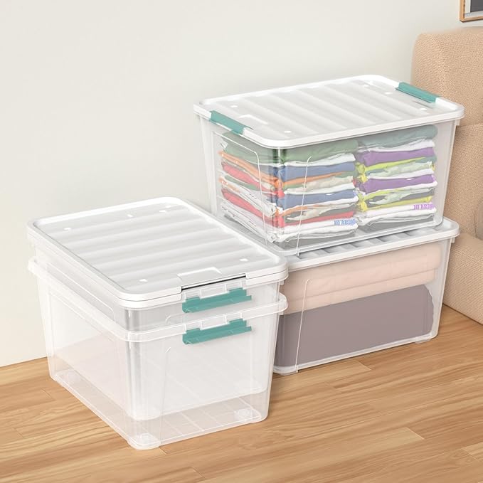 85 Quart (21 Gallon) Clear Large Plastic Storage Latch Box with Lid, Plastic Storage Bins with Wheels, 4-Pack