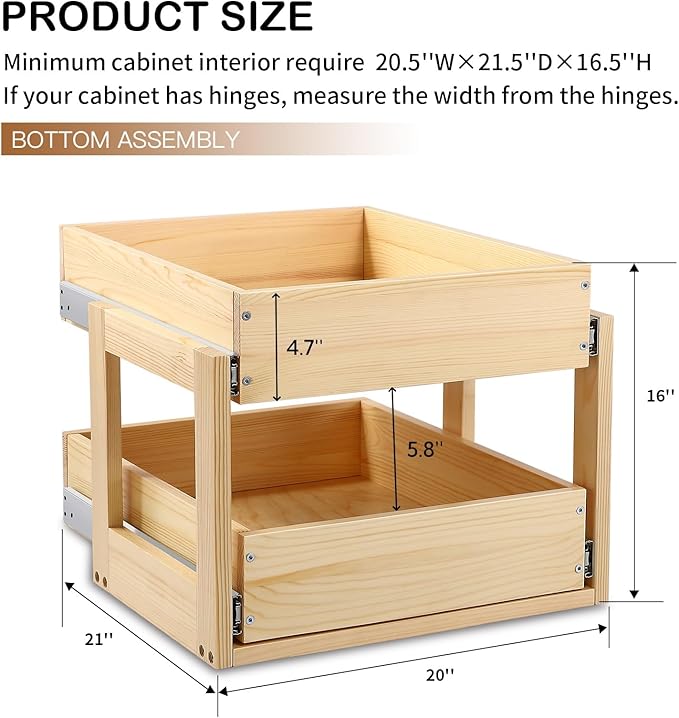 Pull Out Cabinet Organizer 20''W×21''D×16''H Soft Close Slide Out Wood Drawer Shelves for Kitchen, Finished, Bottom Assembly(Cabniet Require Opening >20.5'', Depth>21.5'', Height>16.5'')