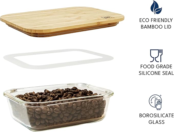 Glass Food Storage Containers with Bamboo Lids (4-Pack, 36oz) Airtight, Leakproof, BPA-Free Borosilicate Glass Meal Prep Containers – Eco-Friendly, Oven/Microwave/Freezer Safe-Plastic-Free & Reusable