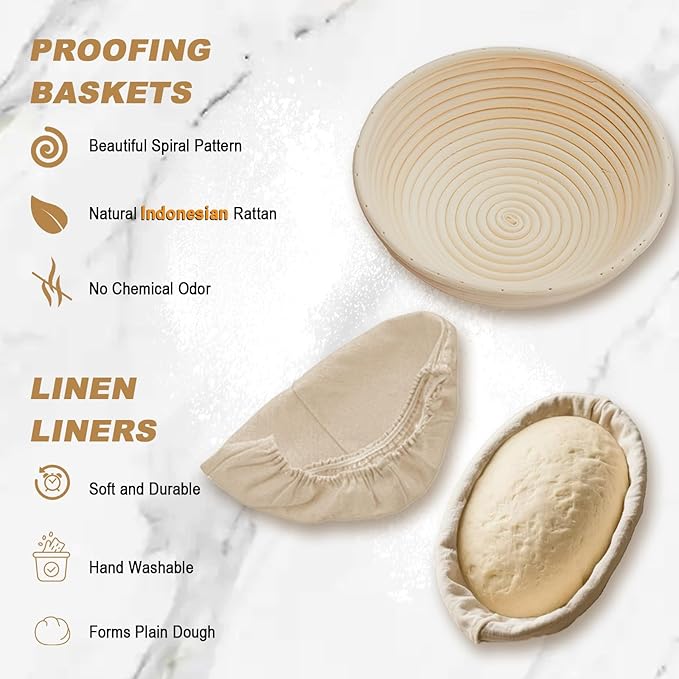 Banneton Bread Proofing Basket Set - 9" Round & 10" Oval Sourdough Baking Kit, Natural Indonesian Rattan with Linen Liners, Bread Lame, Danish Dough Whisk, Bowl Scraper and Sourdough Scraper