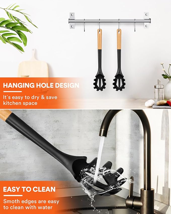 Silicone Pasta Fork, Kitchen Heat Resistant Noodle Spoon Server, BPA Free Spaghetti Strainer,12.8 inch