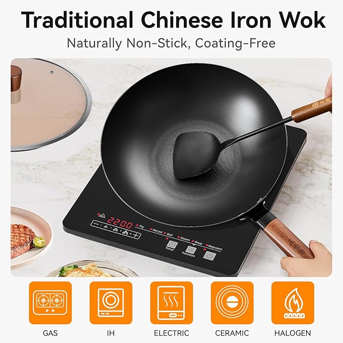 WANGYUANJI 12.6" Pure-Iron Wok with Glass Lid, Flat-Bottom Lightweight Chinese Stir-Fry Pan, Wooden Handle, Uncoated — Induction/Gas/Electric Compatible, Not Pre-Seasoned (Seasoning Required)