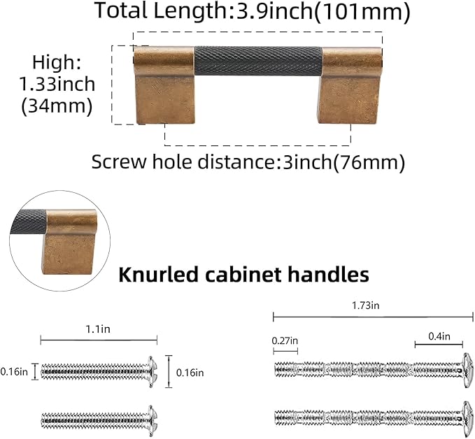 10 Pack 3 inch(76mm) Black and Antique Brass Kitchen Cabinet Handles Knurled Cabinet Pulls Black Drawer Pulls