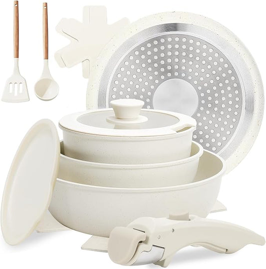 Numola 10 pcs Pots and Pan Set Non Stick with Detachable Handle, Ceramic Cookware Set for Stackable, Induction Kitchen Cookware Set for RV, Dishwasher ＆ Oven Safe, Cream White