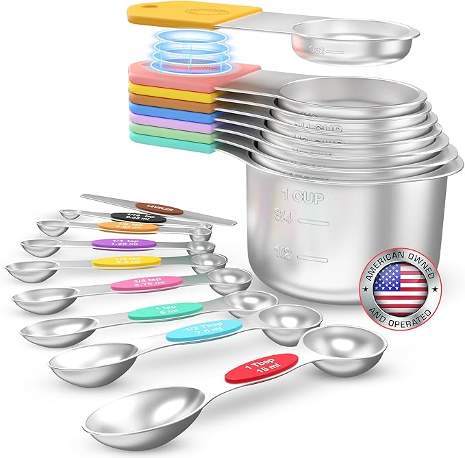 Magnetic Measuring Cups and Spoons Set of 17 - Stackable Stainless Steel Magnetic Measuring Spoons Set with Leveler - Dual Marking Scale Measuring Cup for Dry and Liquid Ingredients, Baking & Cooking