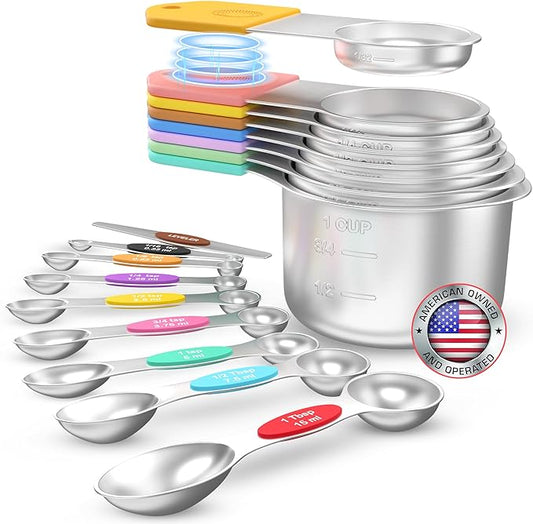 Magnetic Measuring Cups and Spoons Set of 17 - Stackable Stainless Steel Magnetic Measuring Spoons Set with Leveler - Dual Marking Scale Measuring Cup for Dry and Liquid Ingredients, Baking & Cooking