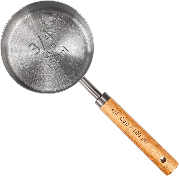 Measuring Cup with Wooden Handle, 3/4 Cup Titanium-plating 180ml Stainless Steel,Dog Food Scoop, Space Gray