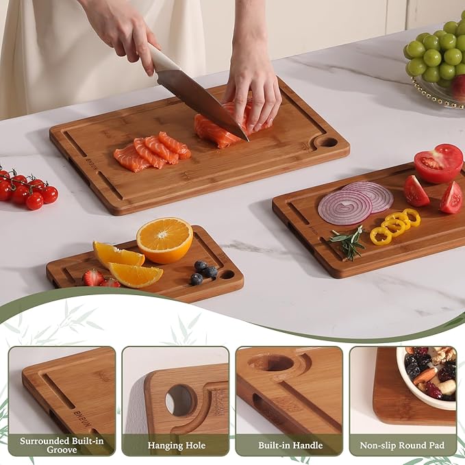 Bamboo Cutting Board for Kitchen, Wooden Cutting Board 3-Piece Set with Non-Slip Mat Deep Juice Groove and Built-In Handles, Wood Cutting Board for Meat Vegetables Fruit Ideal Gift for the Home