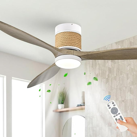 60in Boho White Ceiling Mount Fan Light Dimmable with Remote Control 3 Blade Hemp Rope Ceiling Fan with Light Coastal Weathered Wood Ceiling Fan Outdoor for Balcony Kitchen Bedroom Living Room