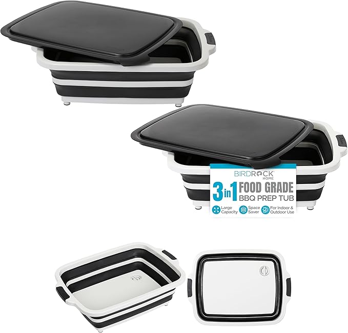 BIRDROCK HOME 2-pack Collapsible BBQ Prep Tub w/Cutting Board, Multi-Function Grill Caddy w/Colander & Lid, Portable Silicone Dish Bowl for Picnic, Tailgate, Camping (Black, Large)