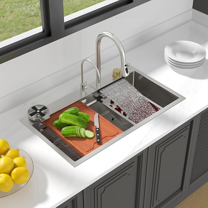 Lordear 33 Watefall Drop In Kitchen Sink 33x19x9 Inch Topmount Sink Stainless Steel 16 Gauge Single Bowl Multifunctional Workstation Sinks with Built-in Accessories,Glass Rinser and Faucet Included