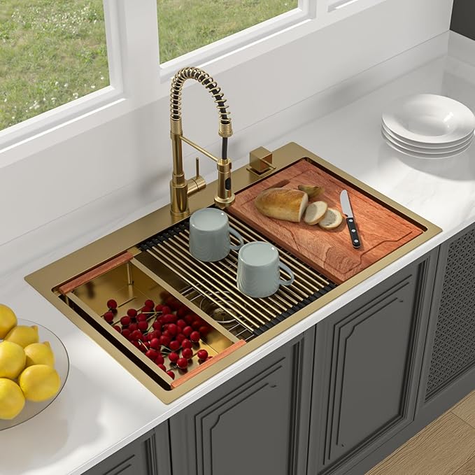 Lordear 36 Inch Gold Kitchen Sink Drop In Workstation Brushed Gold Stainless Steel 16 Gauge Single Bowl Handmade Topmount Kitchen Sink with Cutting Board
