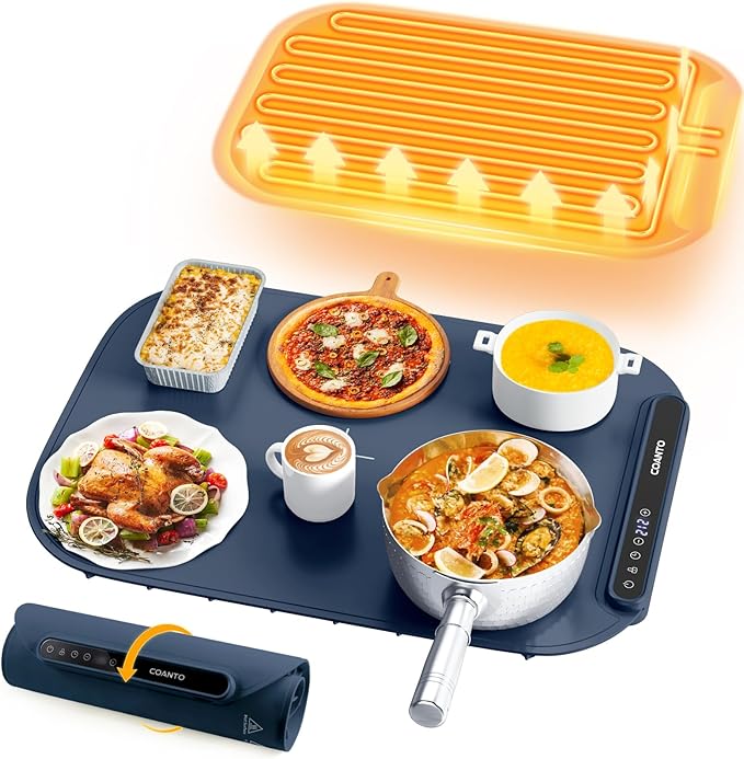 Coanto Food Warming Mat, Electric Warming Tray for Buffets & Parties, Silicone Heating Mat with 7 Temperature Settings, Roll-Up Storage, 17.91"x12.8", Blue