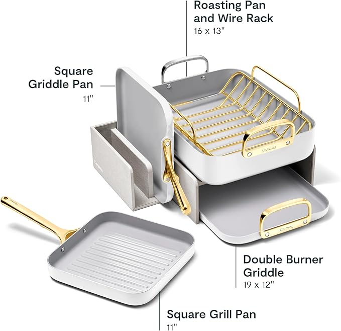 Caraway Square Cookware Set - Square Pans Set - Perfect for Griddling, Toasting, Searing, Roasting, and More - Non-Stick Ceramic Coated Pans - Non Toxic, PTFE & PFOA Free - White